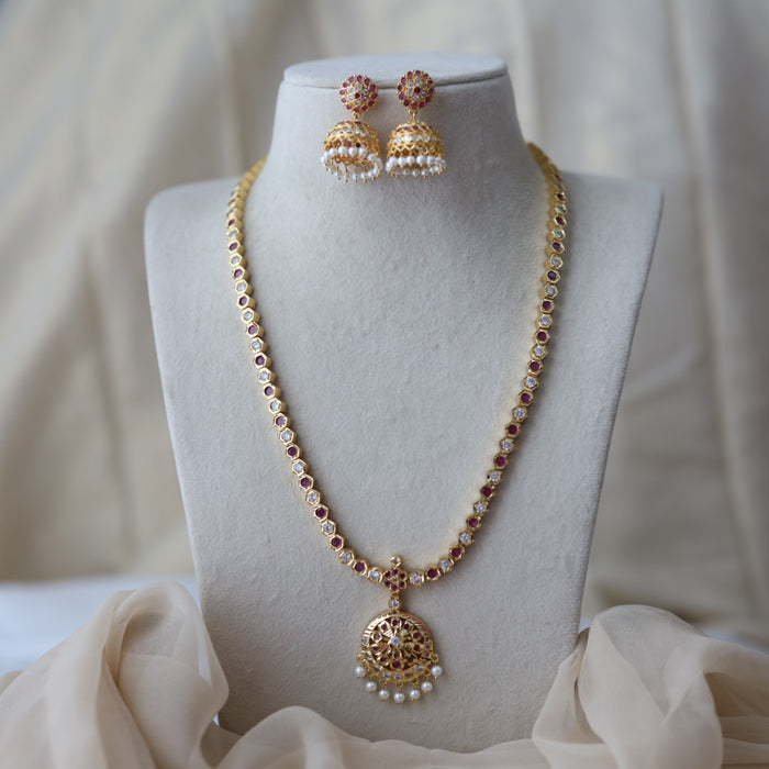 Heritage gold plated ruby white stone long necklace with earrilgs HL3311