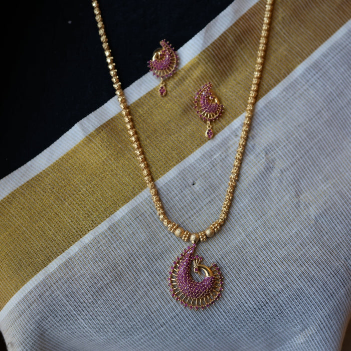 Heritage gold plated ruby stone long chain with earrings  HC347