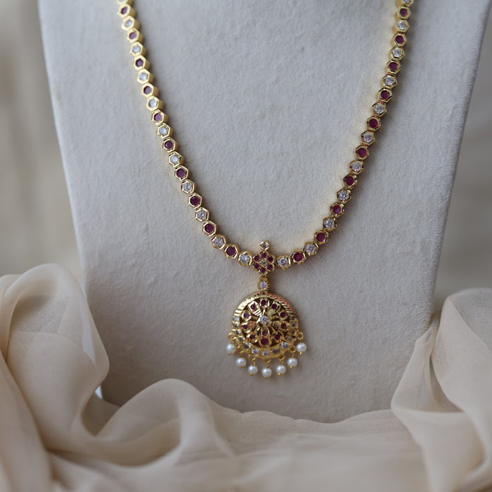 Heritage gold plated ruby white stone long necklace with earrilgs HL3311