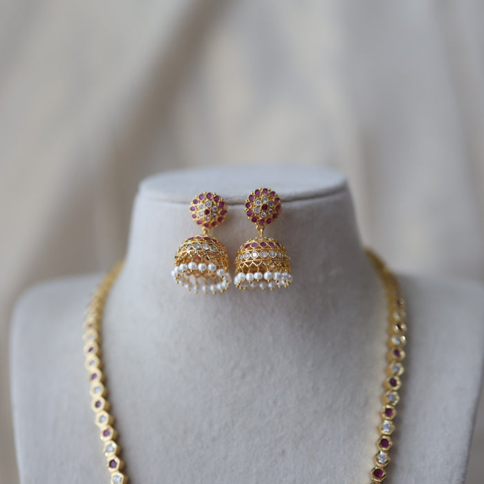 Heritage gold plated ruby white stone long necklace with earrilgs HL3311