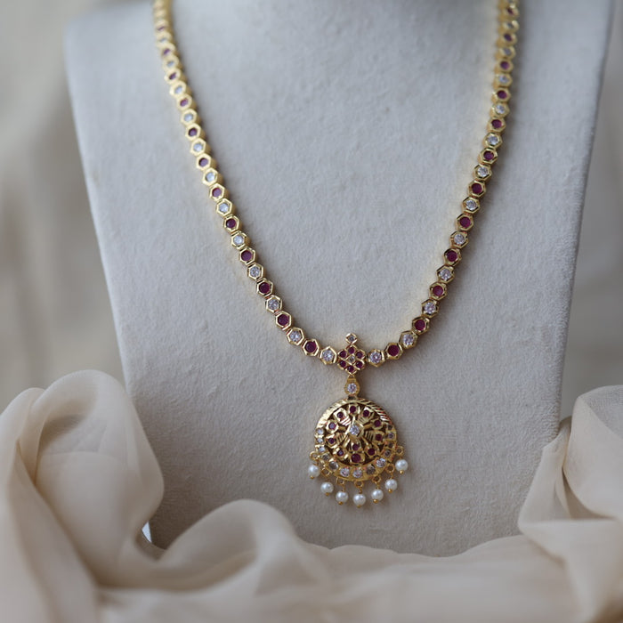 Heritage gold plated ruby white stone long necklace with earrilgs HL3311