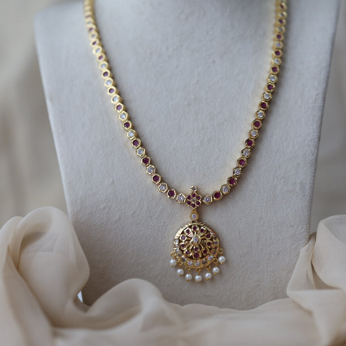 Heritage gold plated ruby white stone long necklace with earrilgs HL3311