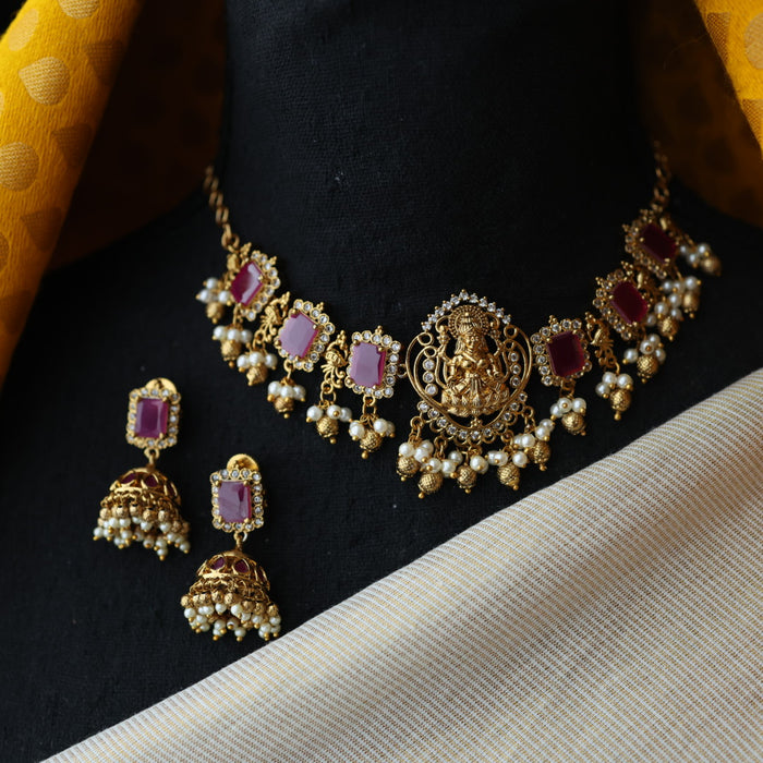 Antique ruby stone choker necklace with earrings CCB1876