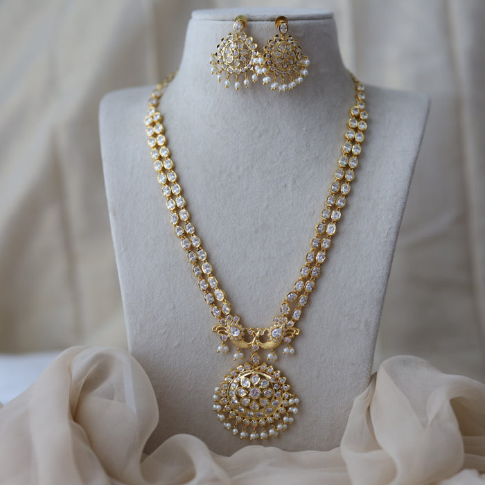 Heritage gold plated white stone long necklace with earrilgs HL9922