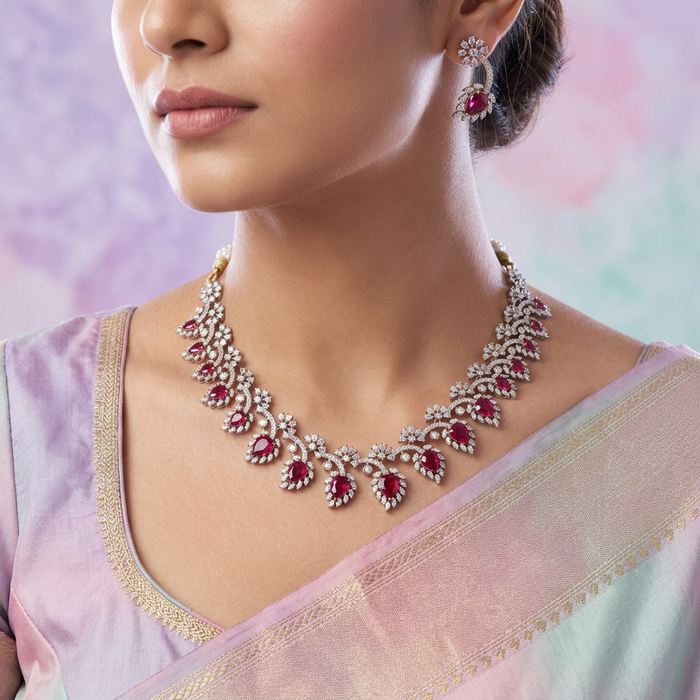 Victorian ruby white stone necklace with earrings V15702