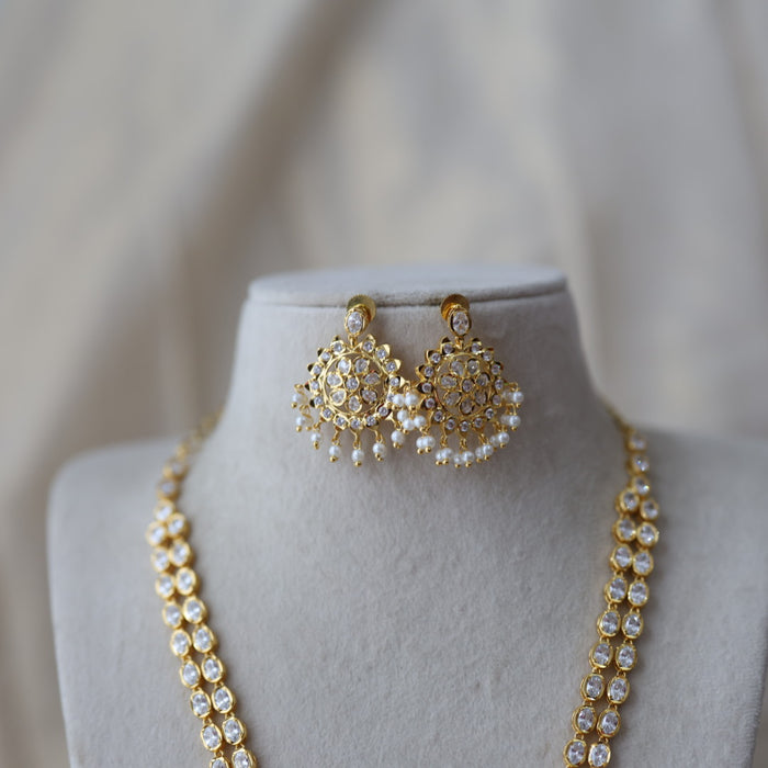 Heritage gold plated white stone long necklace with earrilgs HL9922