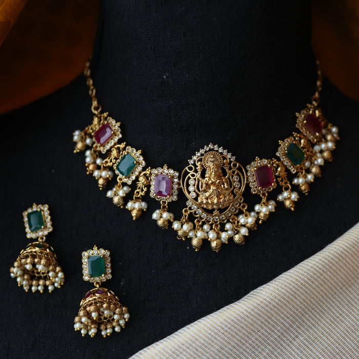 Antique ruby green stone choker necklace and earrings CCB20982