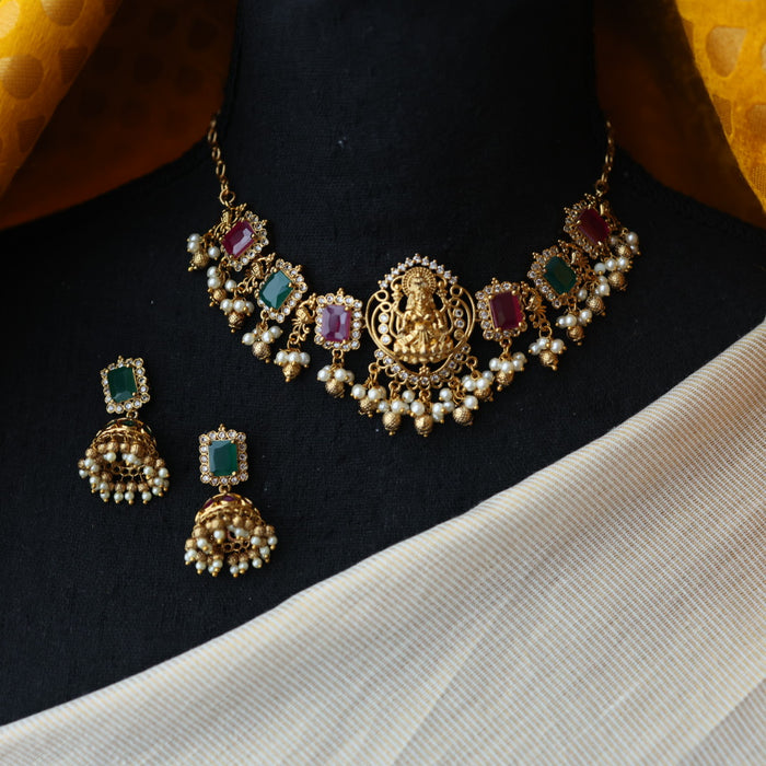 Antique ruby green stone choker necklace and earrings CCB20982