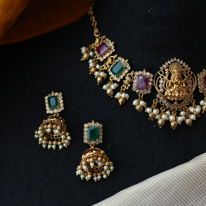 Antique ruby green stone choker necklace and earrings CCB20982