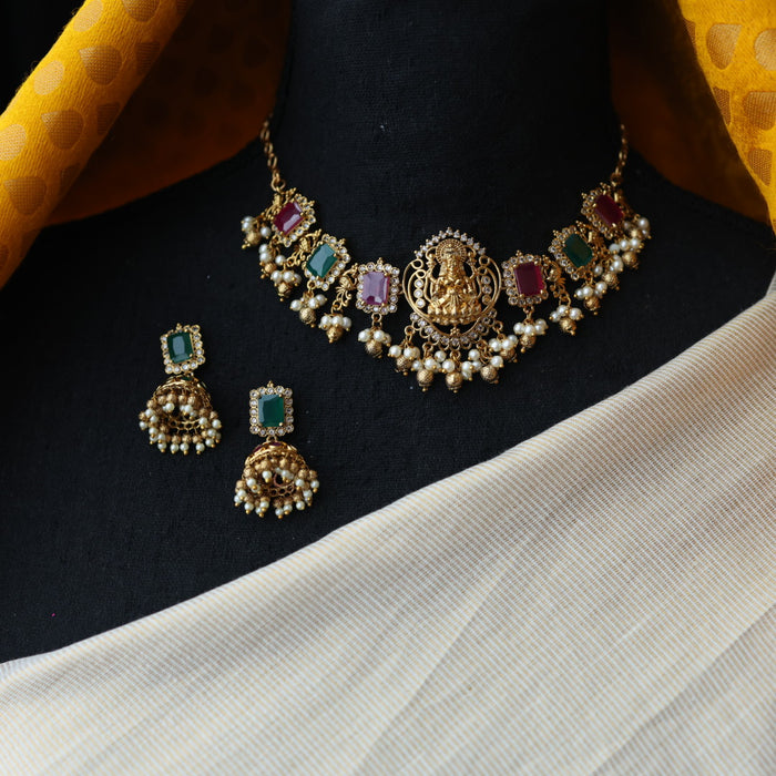 Antique ruby green stone choker necklace and earrings CCB20982