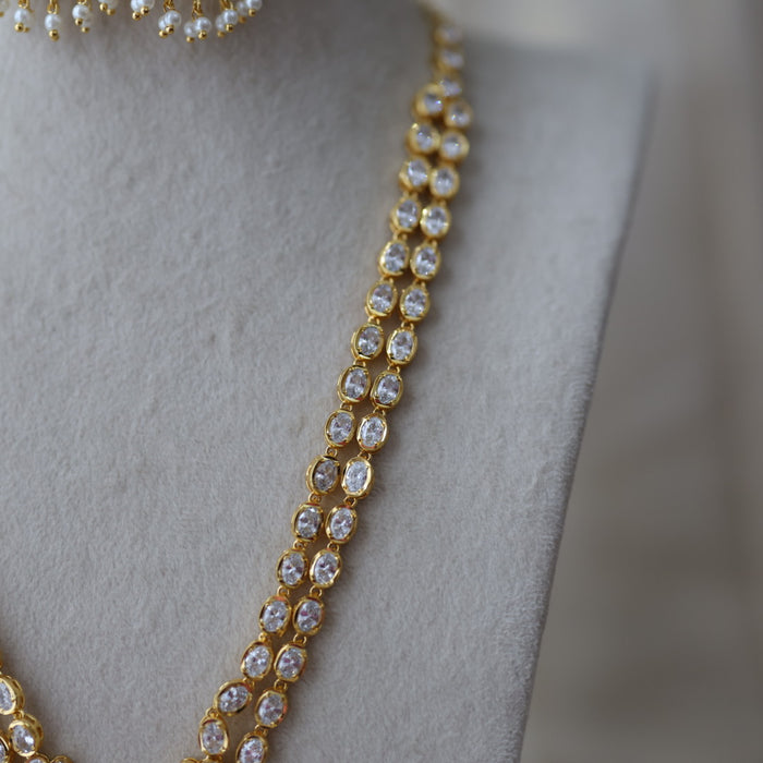 Heritage gold plated white stone long necklace with earrilgs HL9922