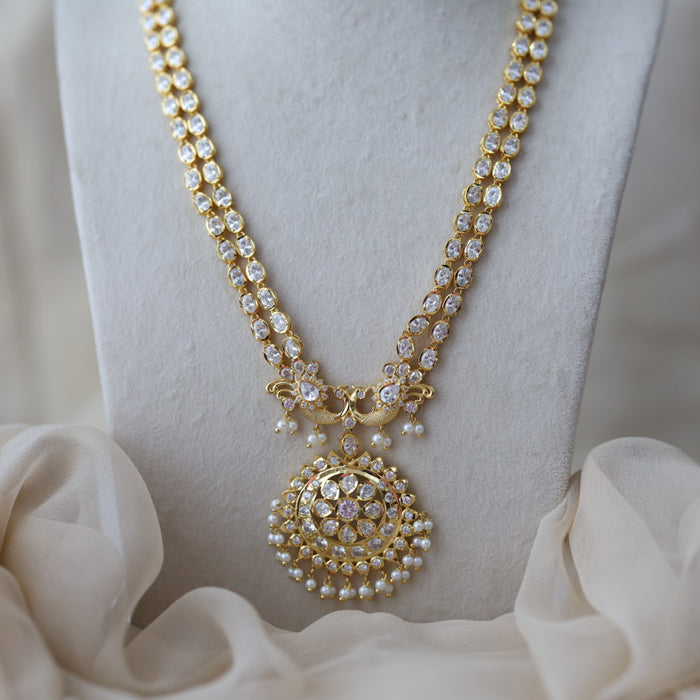 Heritage gold plated white stone long necklace with earrilgs HL9922