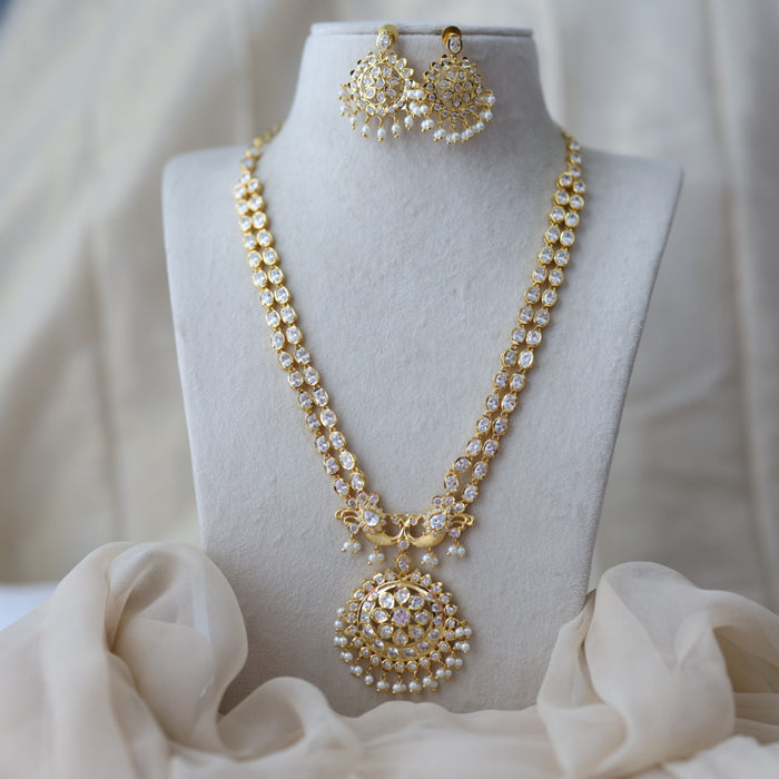Heritage gold plated white stone long necklace with earrilgs HL9922