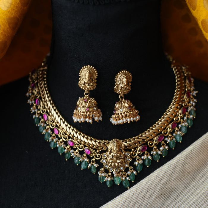 Antique green bead temple design short necklace with earrings SS115678