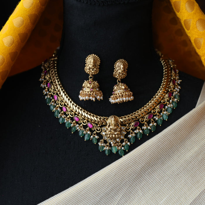 Antique green bead temple design short necklace with earrings SS115678