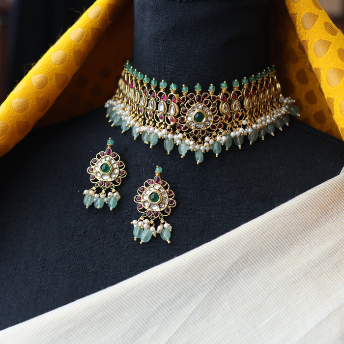 Antique green pearl choker necklace and earrings CCB20978