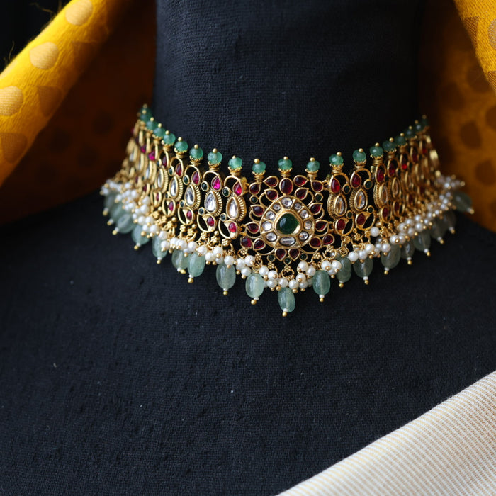 Antique green pearl choker necklace and earrings CCB20978