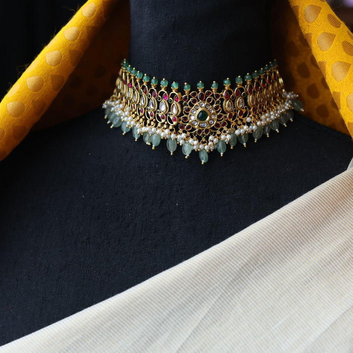 Antique green pearl choker necklace and earrings CCB20978
