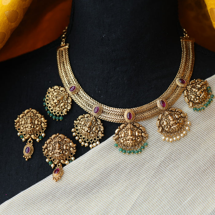 Antique gold temple design short necklace and earrings G6371