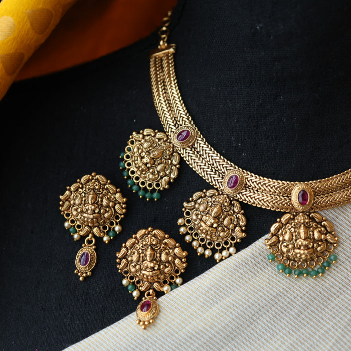Antique gold temple design short necklace and earrings G6371