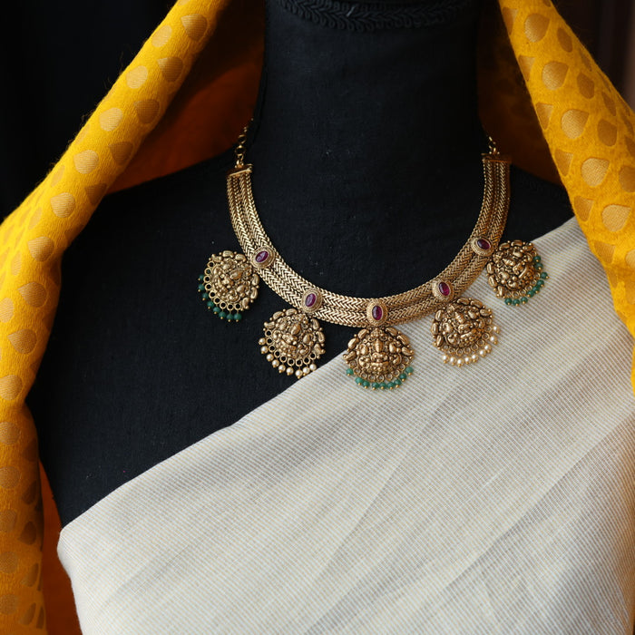 Antique gold temple design short necklace and earrings G6371