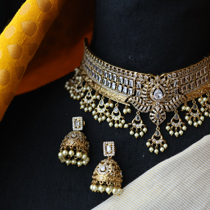 Antique pearl white stone choker necklace and earrings CCB20977