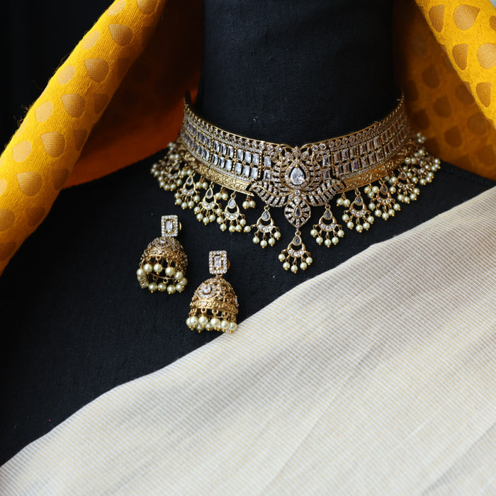Antique pearl white stone choker necklace and earrings CCB20977