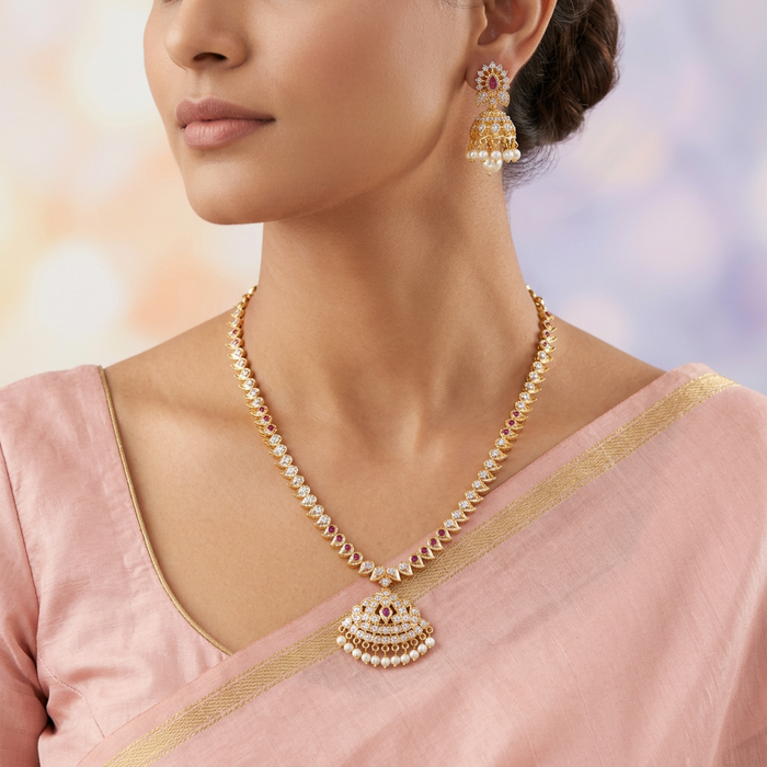 Heritage gold plated ruby white stone necklace with earrings HP202