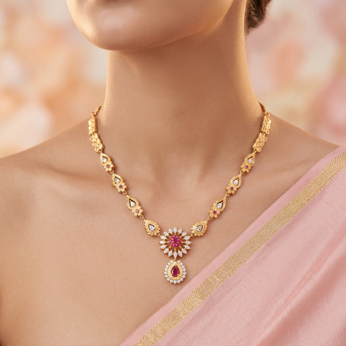 Heritage gold plated ruby white stone short necklace with earrings H67199