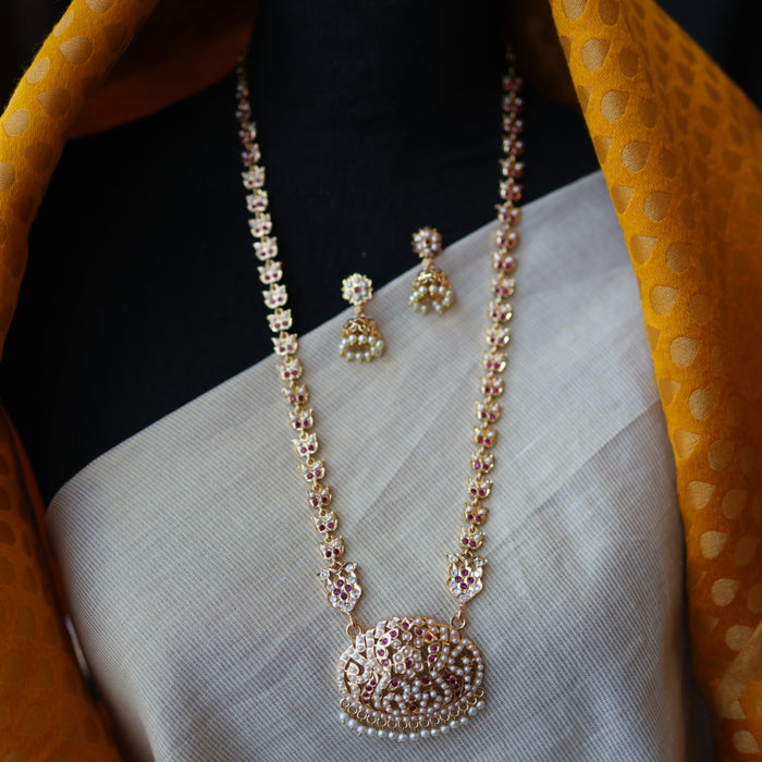 Heritage gold plated pearl padakam long necklace and jumka HP53244