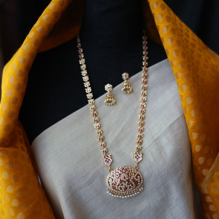 Heritage gold plated pearl padakam long necklace and jumka HP53244