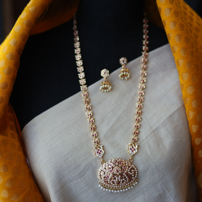 Heritage gold plated pearl padakam long necklace and jumka HP53244