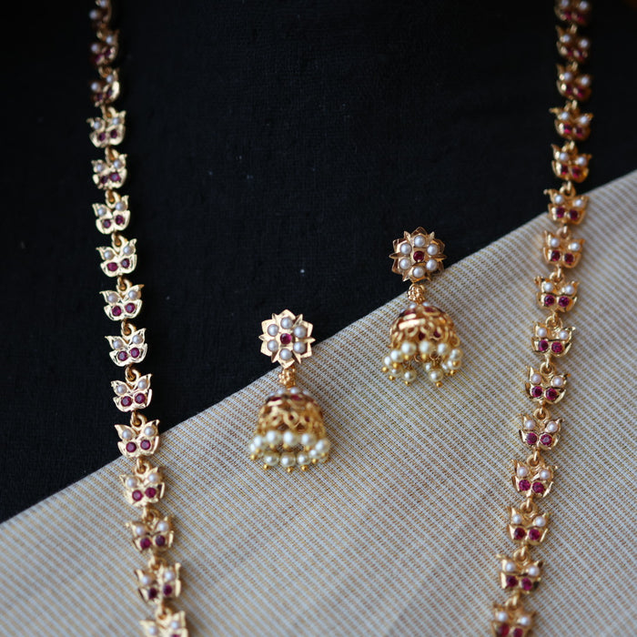 Heritage gold plated pearl padakam long necklace and jumka HP53244