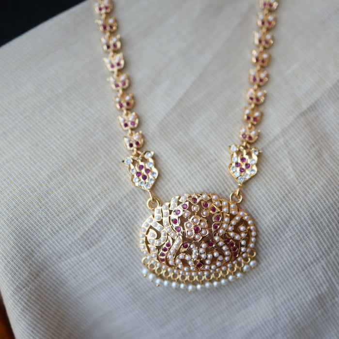 Heritage gold plated pearl padakam long necklace and jumka HP53244