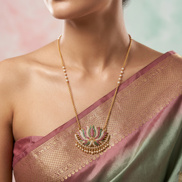 Heritage gold plated ruby green white stone lotus pendant HP8266