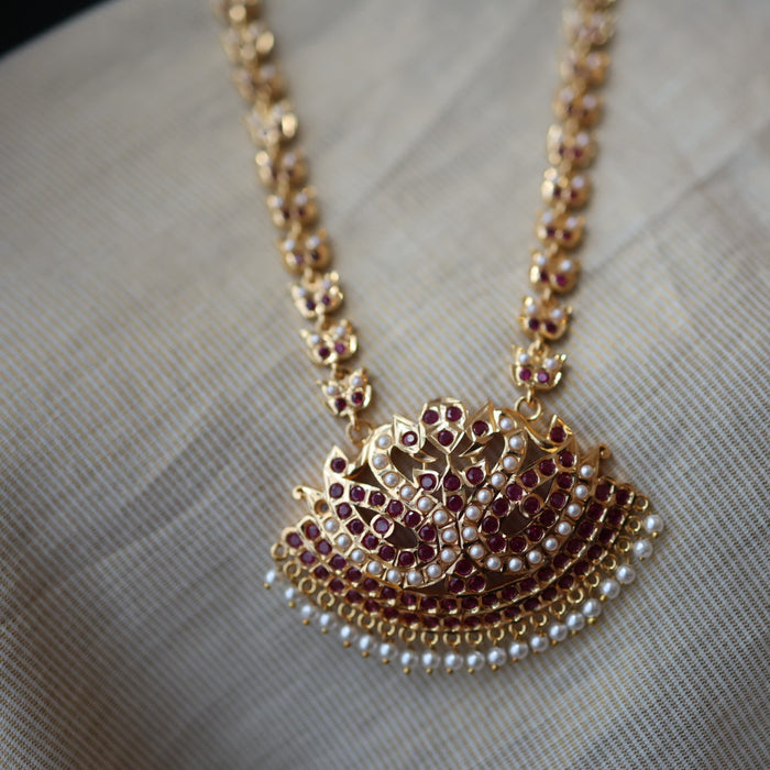Heritage gold plated pearl padakam long necklace HP511112
