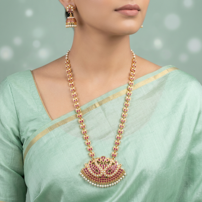 Heritage gold plated pearl padakam long necklace HP511112