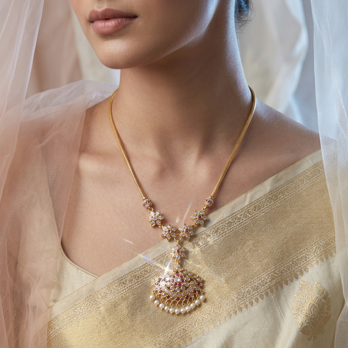 Heritage gold plated ruby white stone long padakam necklace HP9801