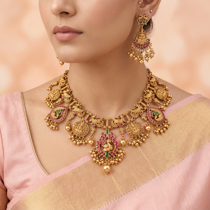 Antique temple design short necklace with earrings SS11899