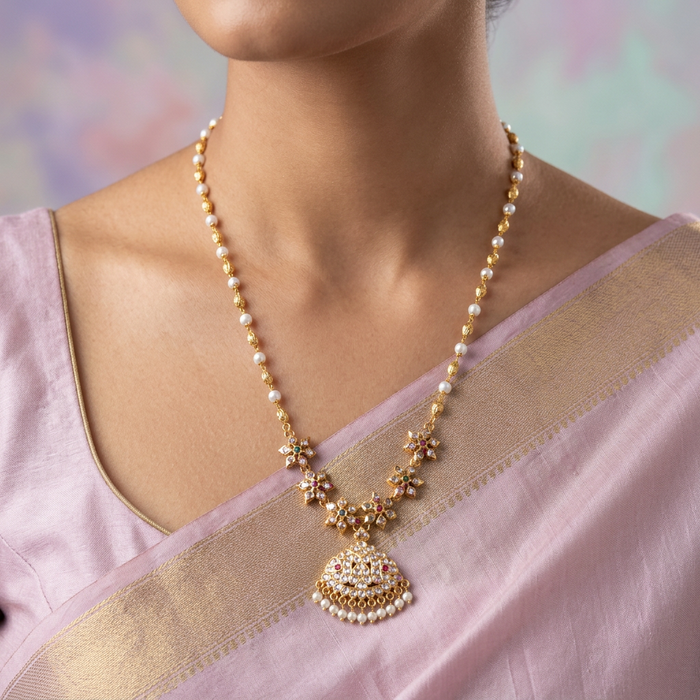 Heritage gold plated ruby white stone pendant long necklace HP6574
