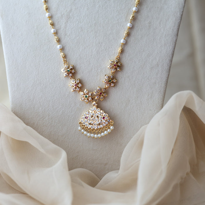Heritage gold plated ruby white stone pendant long necklace HP6574