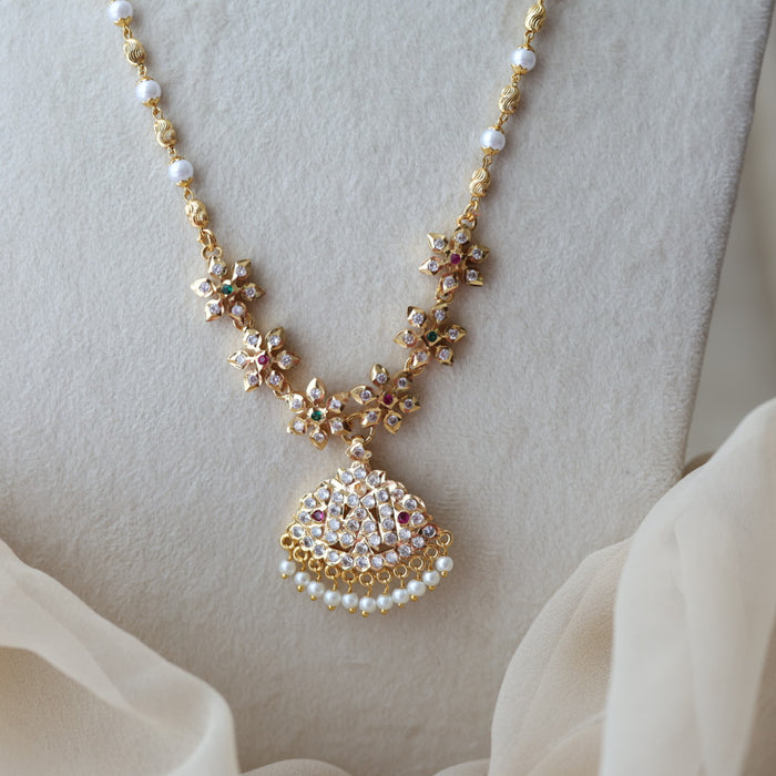 Heritage gold plated ruby white stone pendant long necklace HP6574