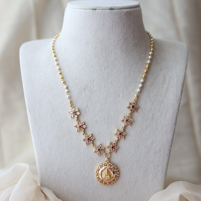 Heritage gold plated ruby white stone pendant lakshmi short chain H2512