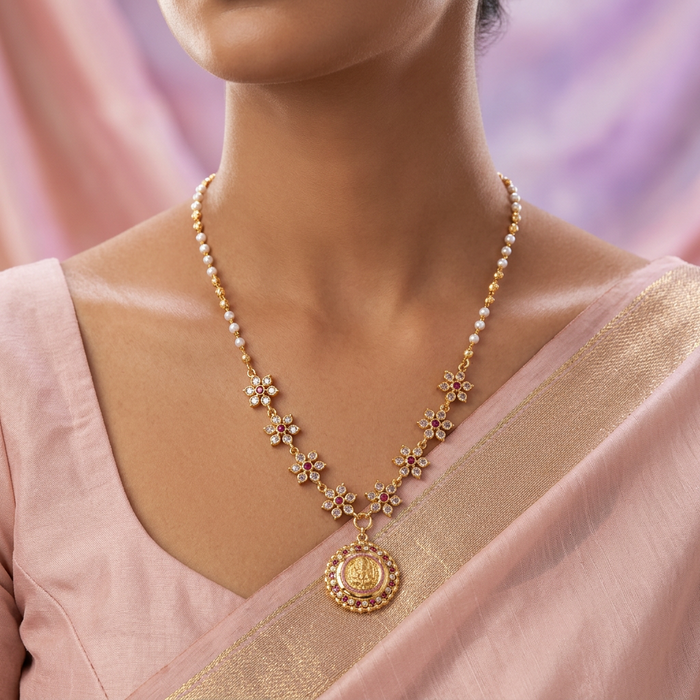 Heritage gold plated ruby white stone pendant lakshmi short chain H2512