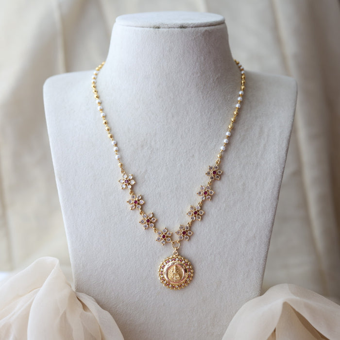 Heritage gold plated ruby white stone pendant lakshmi short chain H2512