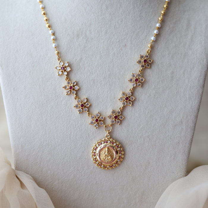 Heritage gold plated ruby white stone pendant lakshmi short chain H2512