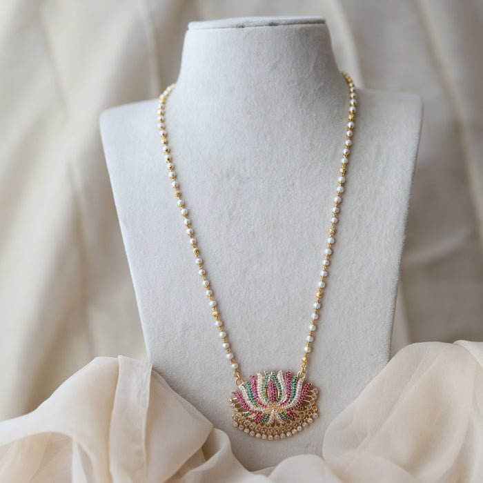 Heritage gold plated ruby green white stone lotus pendant long necklace HP8022