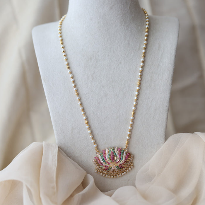 Heritage gold plated ruby green white stone lotus pendant long necklace HP8022