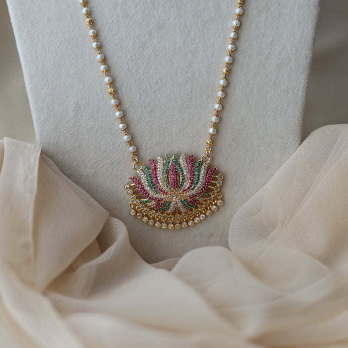 Heritage gold plated ruby green white stone lotus pendant long necklace HP8022