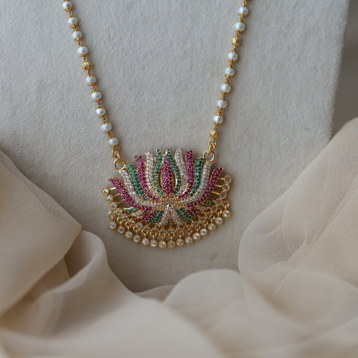 Heritage gold plated ruby green white stone lotus pendant long necklace HP8022